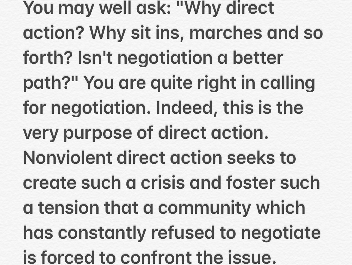 Sorry, guys. MLK wasn't about going to protest in a designated area and playing by the rules. His goal was to make people uncomfortable and cause chaos. He ADVOCATED breaking the law.It's almost like no one ever read the Letter from a Birmingham Jail where he said all of this: