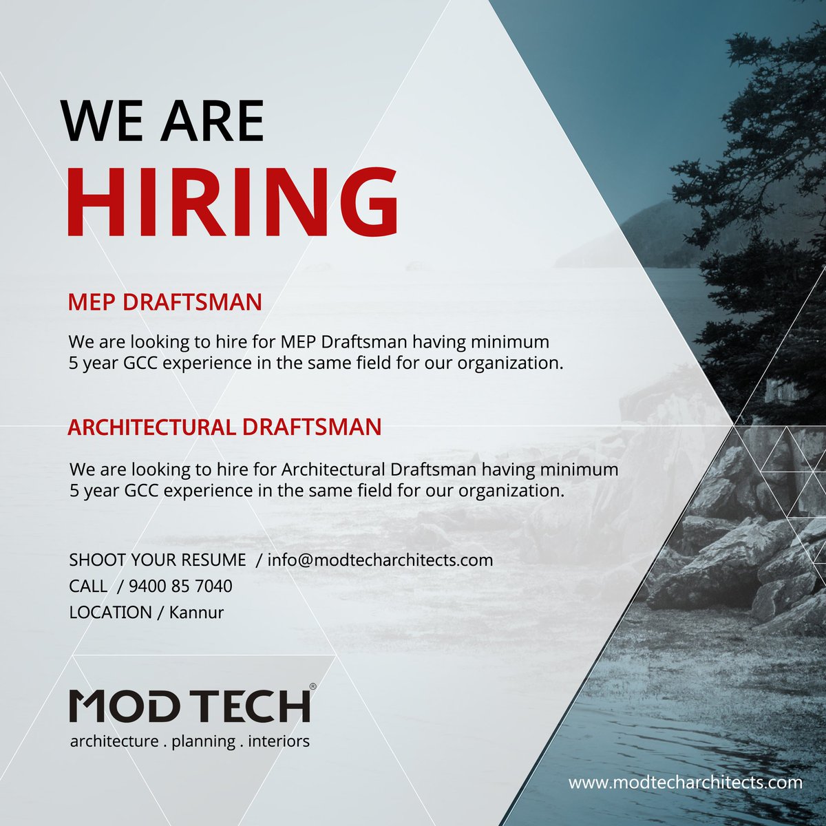 modtechinterior's tweet image. WE ARE HIRING!

We are looking to hire for MEP Draftsman and Architectural Draftsman having minimum 5 year GCC experience in the same field for our organization.

Interested candidates,  please send your resume to info@modtecharchitects.com

#hiring #architects #mep #Kerala
