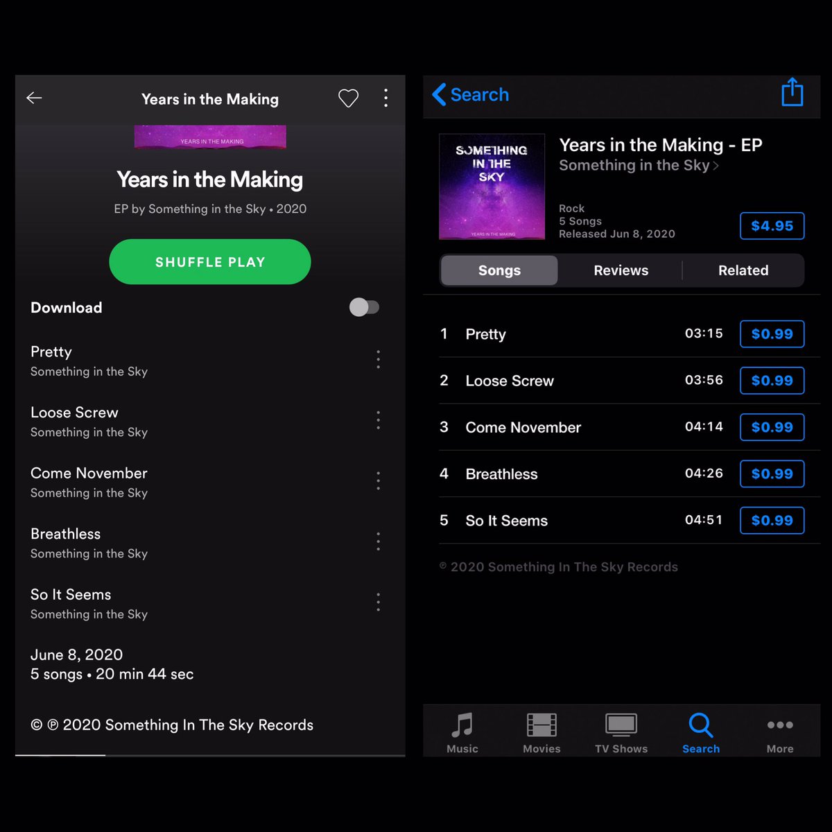 SomeSkyMusic's tweet image. IT’S AVAILABLE!!! Our debut EP is up on Spotify and iTunes! #NewMusicMonday #NewMusicAlert