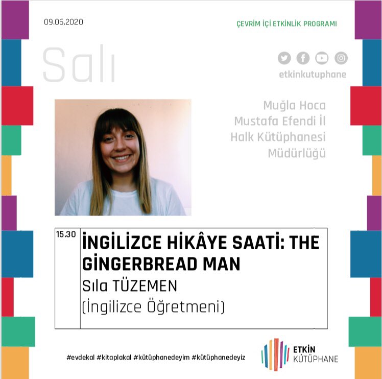 “Etkin Kütüphane Evinizde” uygulamamızın Salı günü sizlerle buluşacak programları...

 ℹ️Programlarımız sosyal medya hesaplarımızdan canlı yayınlanmaktadır. 

✔️ Geçmiş programlarımız YouTube hesabımız üzerinden izlenebilmektedir.

👉 youtube.com/etkinkutuphane

#EtkinKutuphane