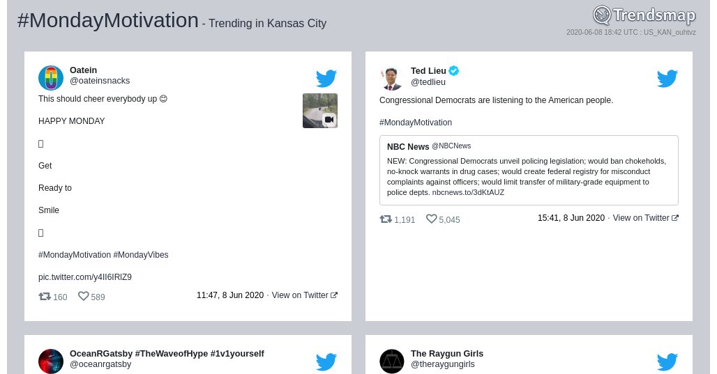 TrendsKC's tweet photo. #mondaymotivation is now trending in #KansasCity

https://t.co/Yk0kUUp5as https://t.co/qUnKHH2xCU