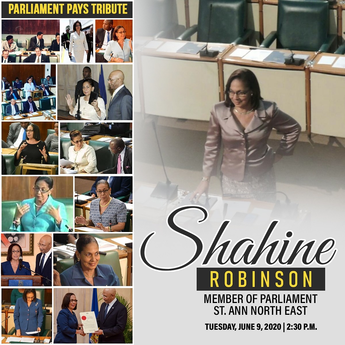 ShahineRobinson's tweet photo. Parliament to pay tribute to the Honourable Shahine Robinson, MP, this week:

- House of Representatives where Mrs. Robinson served as MP for almost 2 decades, will pay tribute Tuesday June 09 at 2:30pm.

- Senate on Friday June 12 at 10:30am

@pbcjamaica will carry LIVE streams. https://t.co/WEVWYqE5ew
