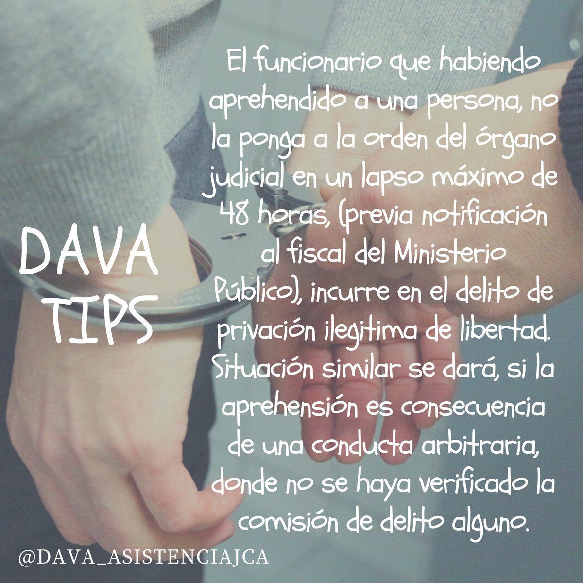 asistenciajca's tweet photo. #Davatips
El funcionario que habiendo aprehendido a una persona, no la ponga a la orden del órgano judicial en un lapso máximo de 48 horas, incurre en el delito de privación ilegítima de la libertad.
#8Junio #QuedateEnCasa #cuarentena #caracas #abogados #venezuela #funcionarios https://t.co/ycnlVdLTGh