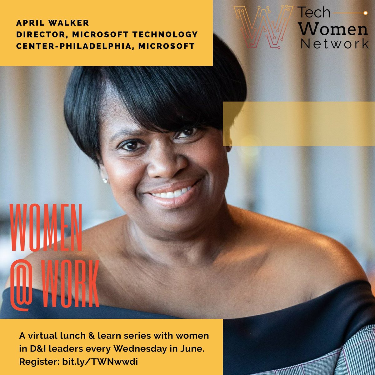 TechWomenWork's tweet photo. The 'Women @ Work' lunch and learn continues with April @ @Microsoft. Join us to learn about her career and contributions to #diversityandinclusion 6/10 at Noon https://t.co/O4Zyac25Ng #techwomennetwork #womenatwork #womenintech #diversityintech #nomorehiddenfigures https://t.co/jUSR8H2D7a
