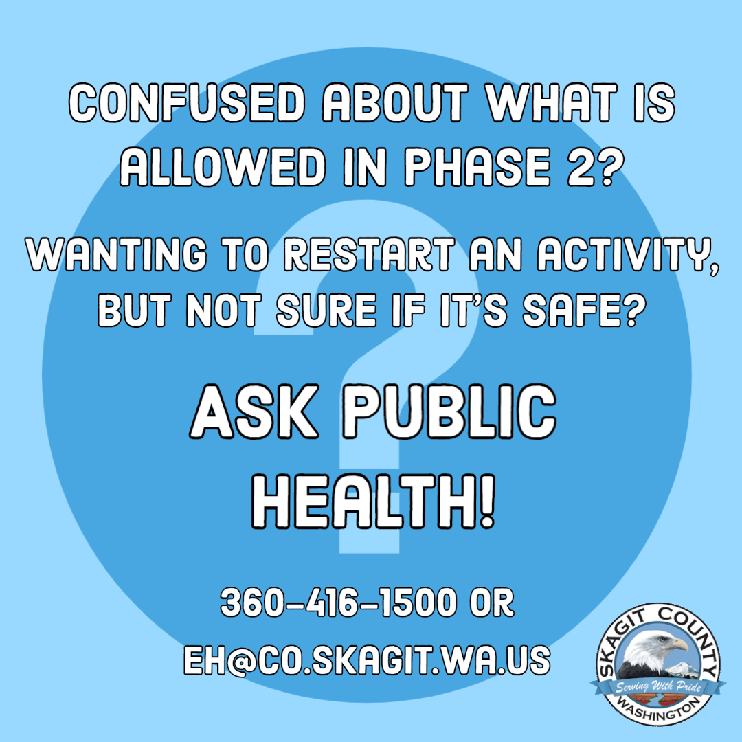 SkagitGov's tweet photo. Confused about what is allowed under Phase 2?  Call Public Health! 

Public Health is open 8 a.m. to 4:30 p.m. weekdays is happy to answer questions about the Safe Start-- Reopening Washington Plan. call 360-416-1300 or email eh@co.skagit.wa.us to get your questions answered. https://t.co/At4WEsfoMk