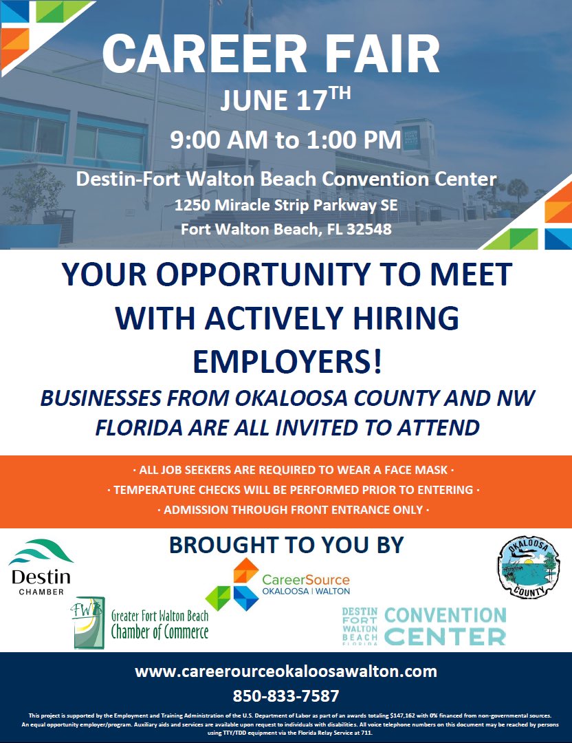 careersourceow's tweet photo. Great opportunities for Okaloosa county employers and jobseekers! Visit https://t.co/yCUfIOJXg9 for information on how to register #careerfair  #jobfair #employment @FWBChamber @DestinChamber @OkaloosaCounty https://t.co/77G1ckYIGL