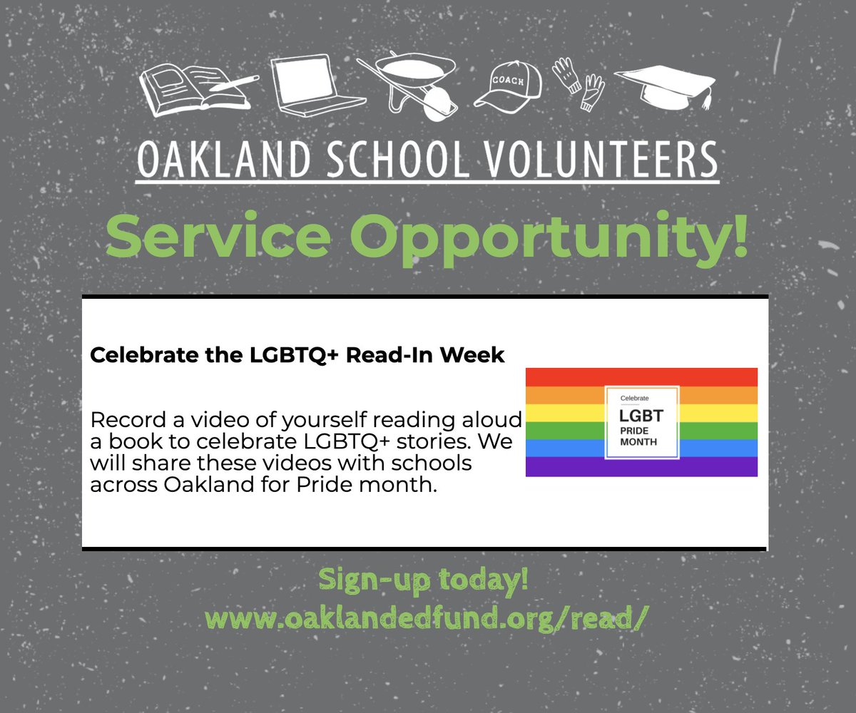 OaklandEdFund's tweet photo. Help us celebrate LGBTQ+ Read-In Week (March 22-26th) by pre-recording a video of yourself reading LGBTQ+ stories! Sign up today at https://t.co/VWF0MqXHSQ 📚❤️💯 #LoveWins #Pride #PrideMonth #Equality #ReadingIsPower #VolunteersTakeAction #Oakland #StandUp #EdFund #EdFundMagic https://t.co/Wx9AVK1mOR