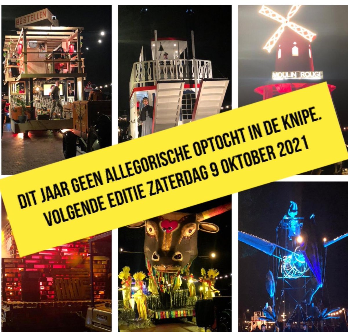 Met pijn in ons hart hebben we in overleg met de bouwploegen besloten dat de allegorische optocht op zaterdag 10 oktober dit jaar niet doorgaat. De onzekerheid m.b.t.  de maatregelen en het verloop van het Coronavirus heeft ons hiertoe doen besluiten.