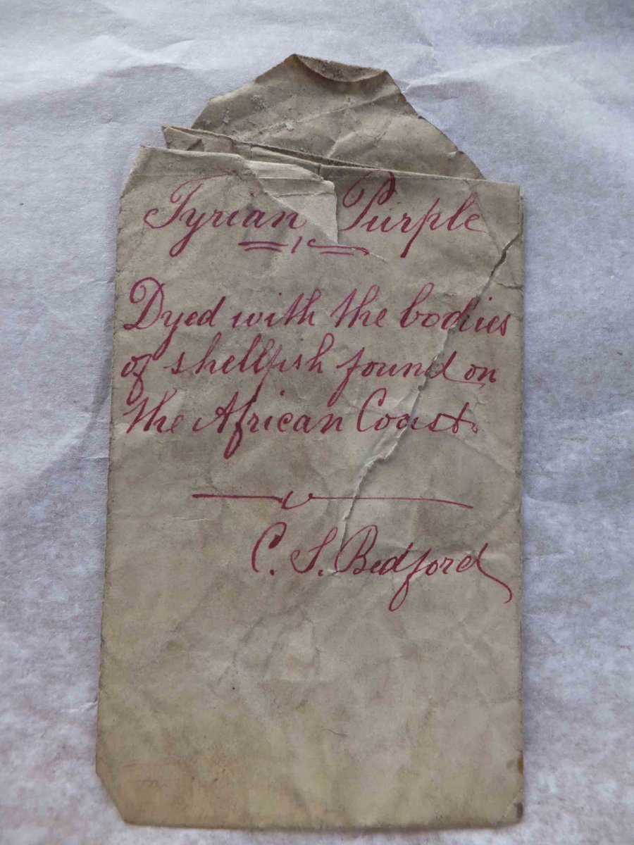 Early 20th C 'shellfish-dyed cotton threads' found in the archive and analysed by Professor Zvi Koren were found to be genuine: an extraordinary find. No murex dyed samples as early exist in ‘modern’ times  #InternationalArchivesWeek2020  #lichendyes #shellfishpurple