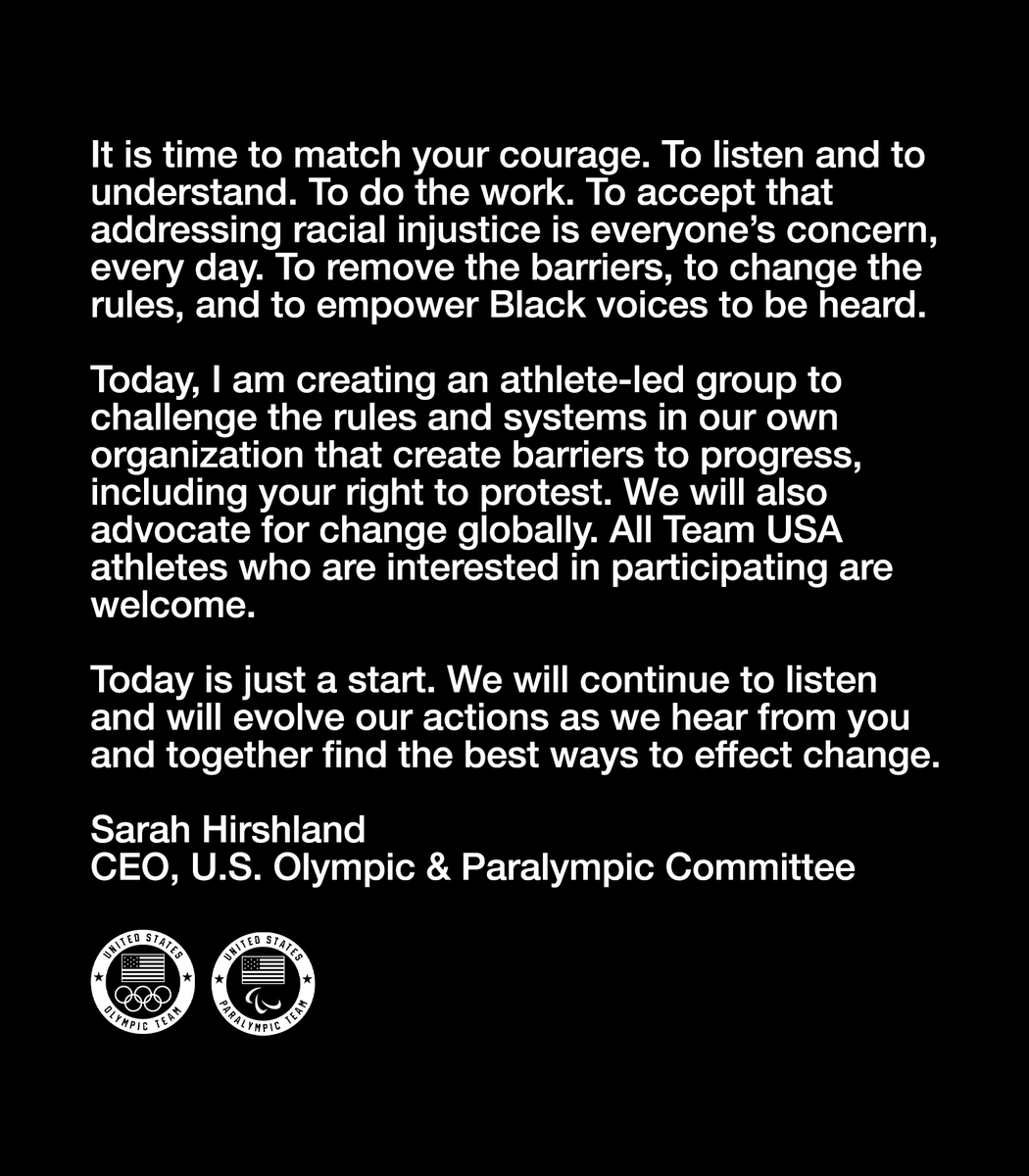 USOPC_CEO's tweet photo. Today, I am creating an athlete-led group to challenge the rules and systems in our own organization that create barriers to progress, including your right to protest. All Team USA athletes who are interested in participating are welcome. https://t.co/uBnUV3WvEL