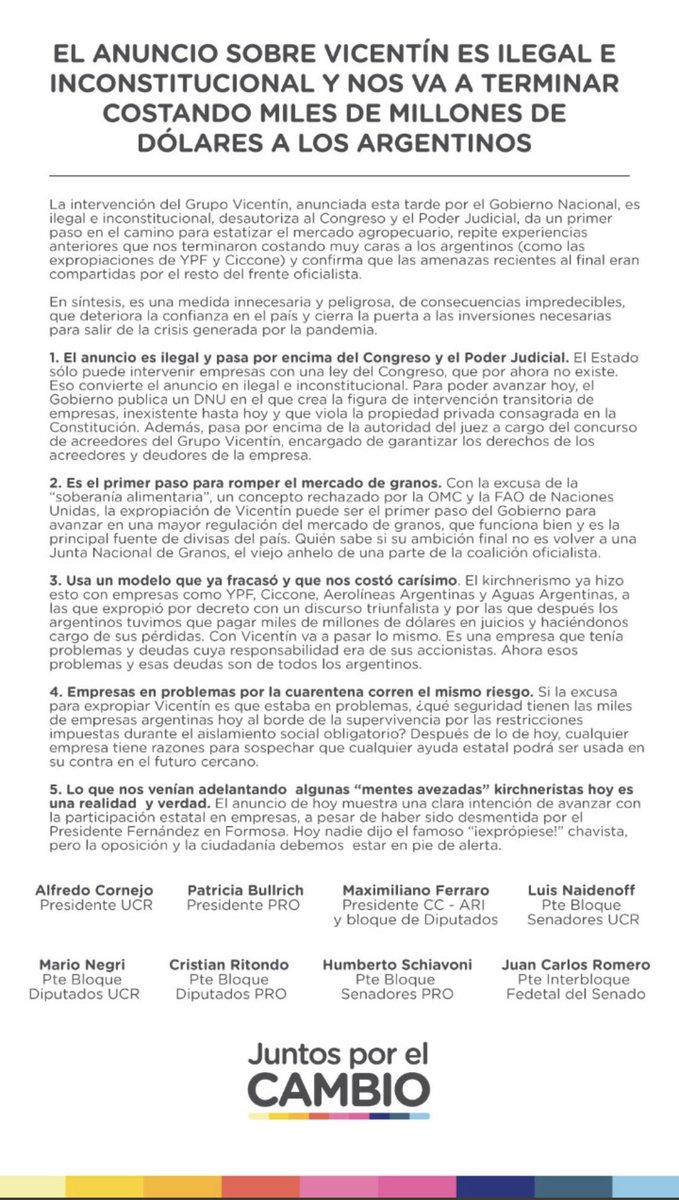 PatoBullrich's tweet photo. Cristina Kirchner quería la intervención y el Presidente firmó el DNU. Como si fuera un escribano de CFK hizo un anuncio ilegal, que busca romper el mercado de granos y deja expuestas a las empresas que hoy sufren por el aislamiento. Modelo chavista de un gobierno que va por todo https://t.co/m7V3mjlQMh