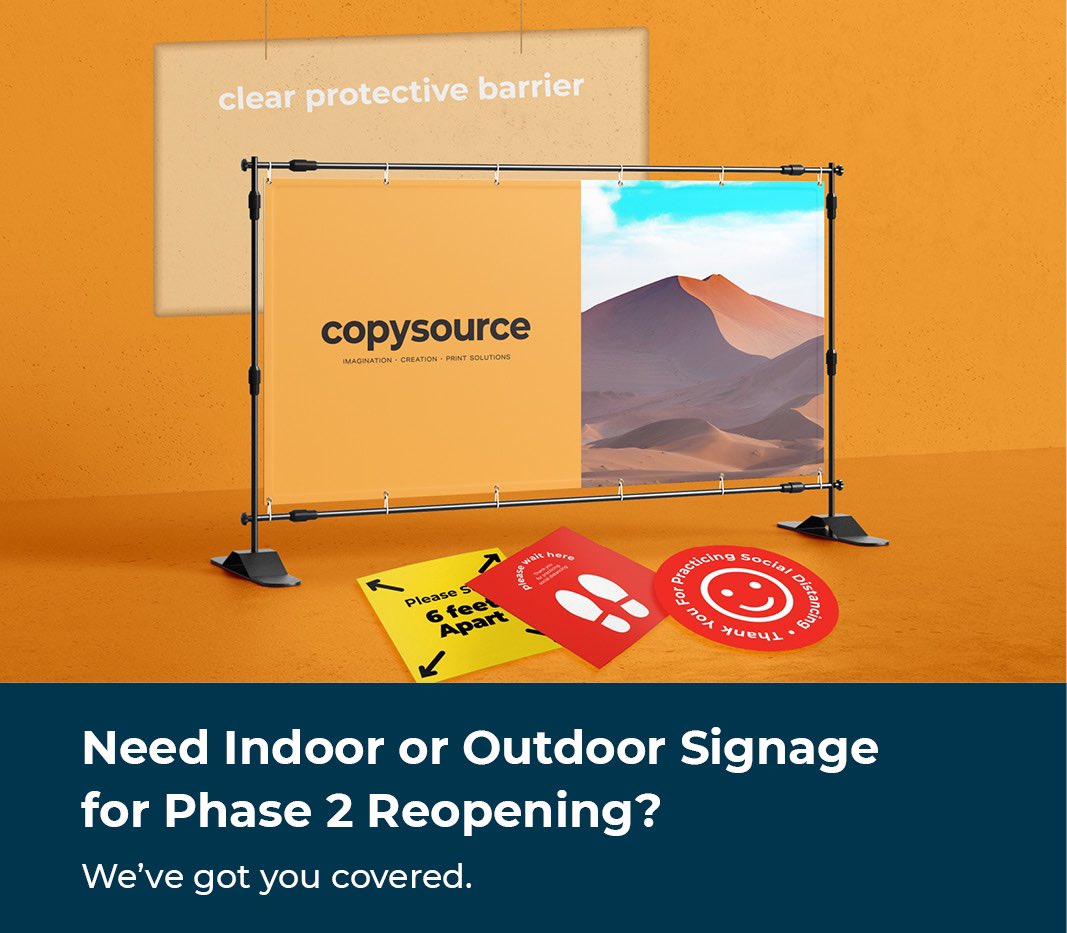 copysource's tweet image. As local businesses in our community begin to reopen under Phase 2, we would like to help by offering signs, banners, lamination screens, social distancing floor signs, and more. Please contact us online at copysource.com, call us, or visit us in store for a free quote!