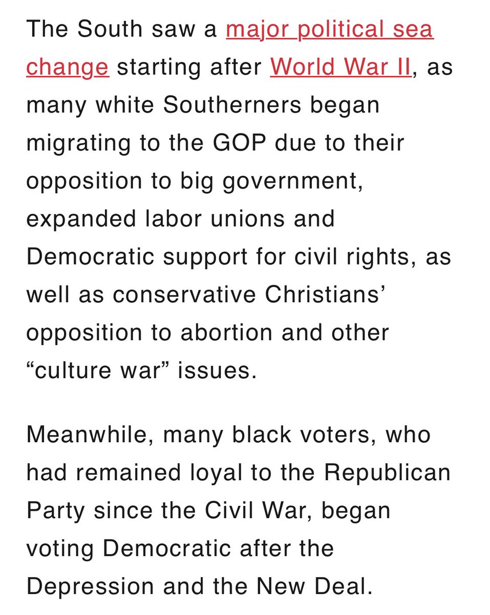  After WW1, the South began to see a big change as the Democratic Southerners (who were opposed to big government and equality) were appealed by the new Conservative GOP that was emerging.