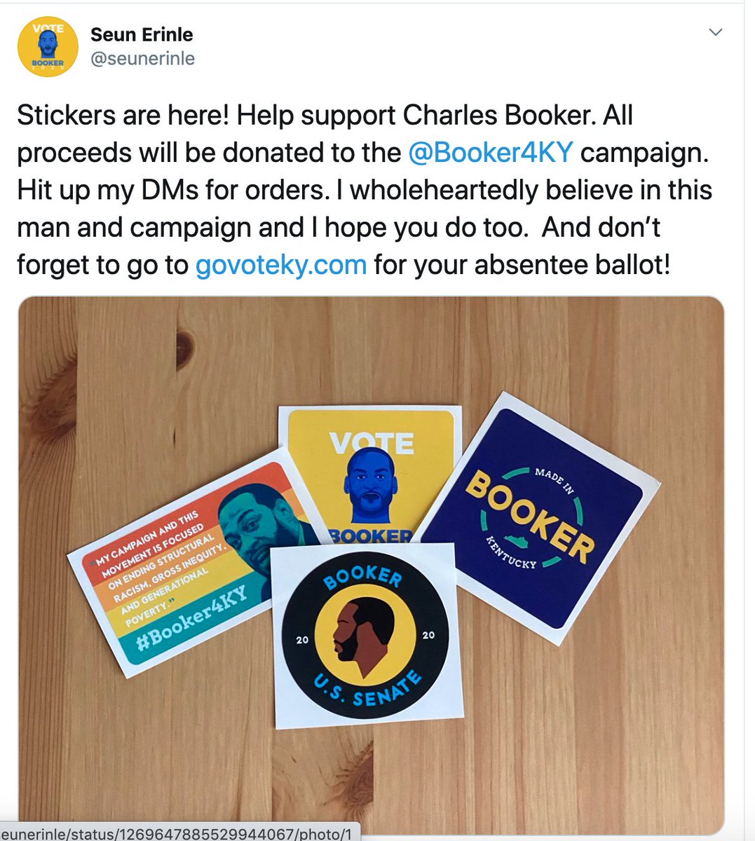 Hey folks, just an update that I've ended #Booker4KY stickers sales and plan to give all remaining stickers to the campaign. Thanks to everyone who reached out to purchase stickers. Hope you enjoy them!