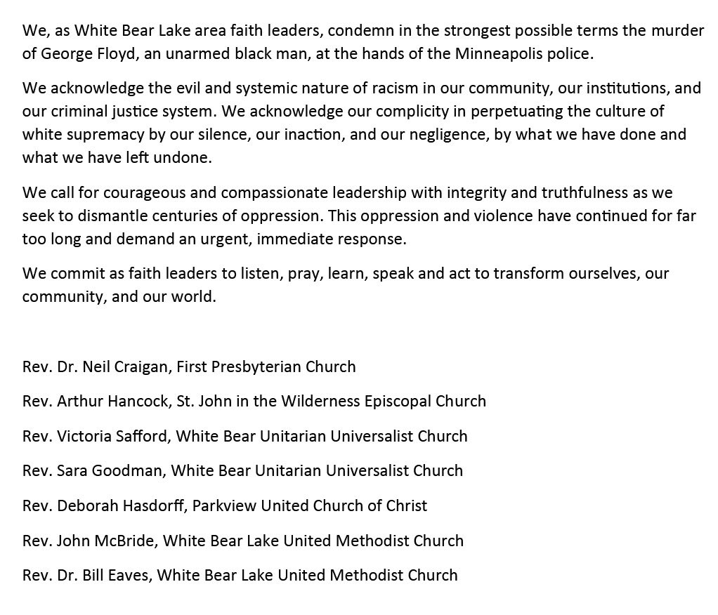 wblumc's tweet photo. A statement from White Bear Lake faith leaders...
#georgefloyd #wecandobetter #wecanbebetter #whitebearlake https://t.co/QafyZLWq2g