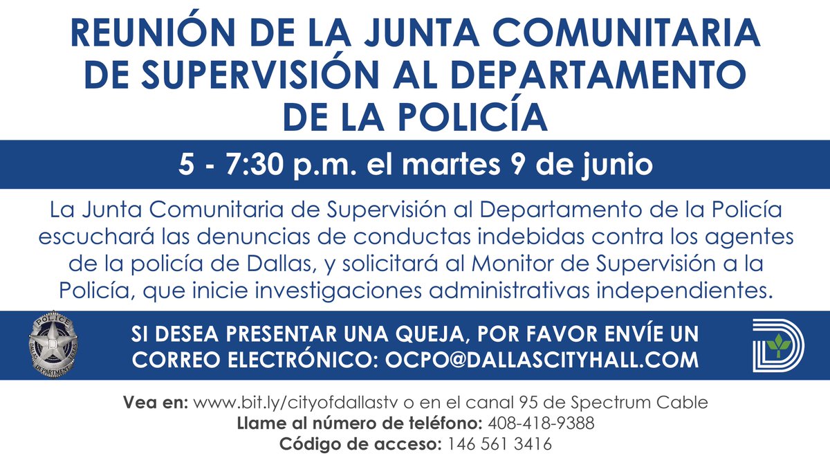 You’re invited!! Please share this information with family, friends, and neighbors. 

#CommunityPoliceOversight #CityofDallas #SeeSomethingSaySomething
#InThisTogether
