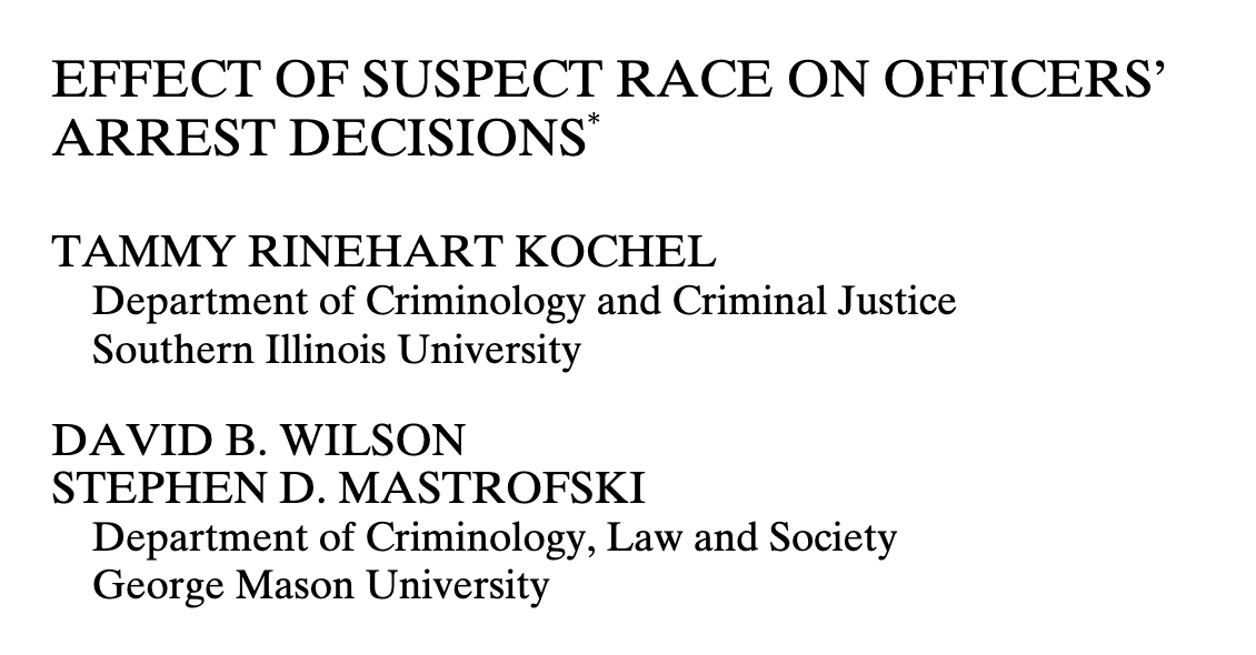 114/ "We report with confidence that the results are not mixed. Race matters... Holding all other situational factors constant, the arrest risk on average is 30 percent higher for racial minorities than for Whites."