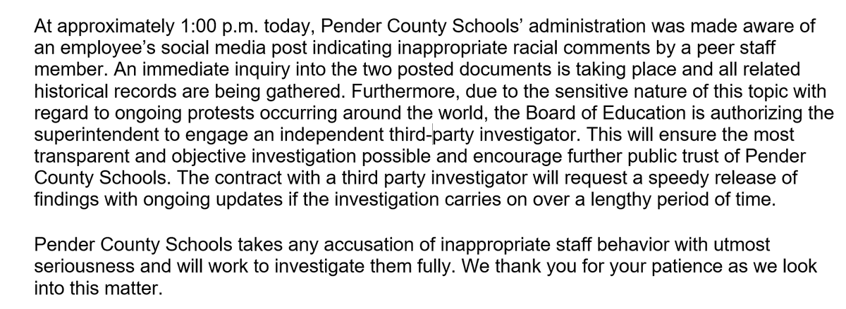 penderschools's tweet photo. In an effort to maintain transparency, Pender County Schools is issuing the following statement in regards to information currently circulating on social media: https://t.co/KaOLpOCc6n