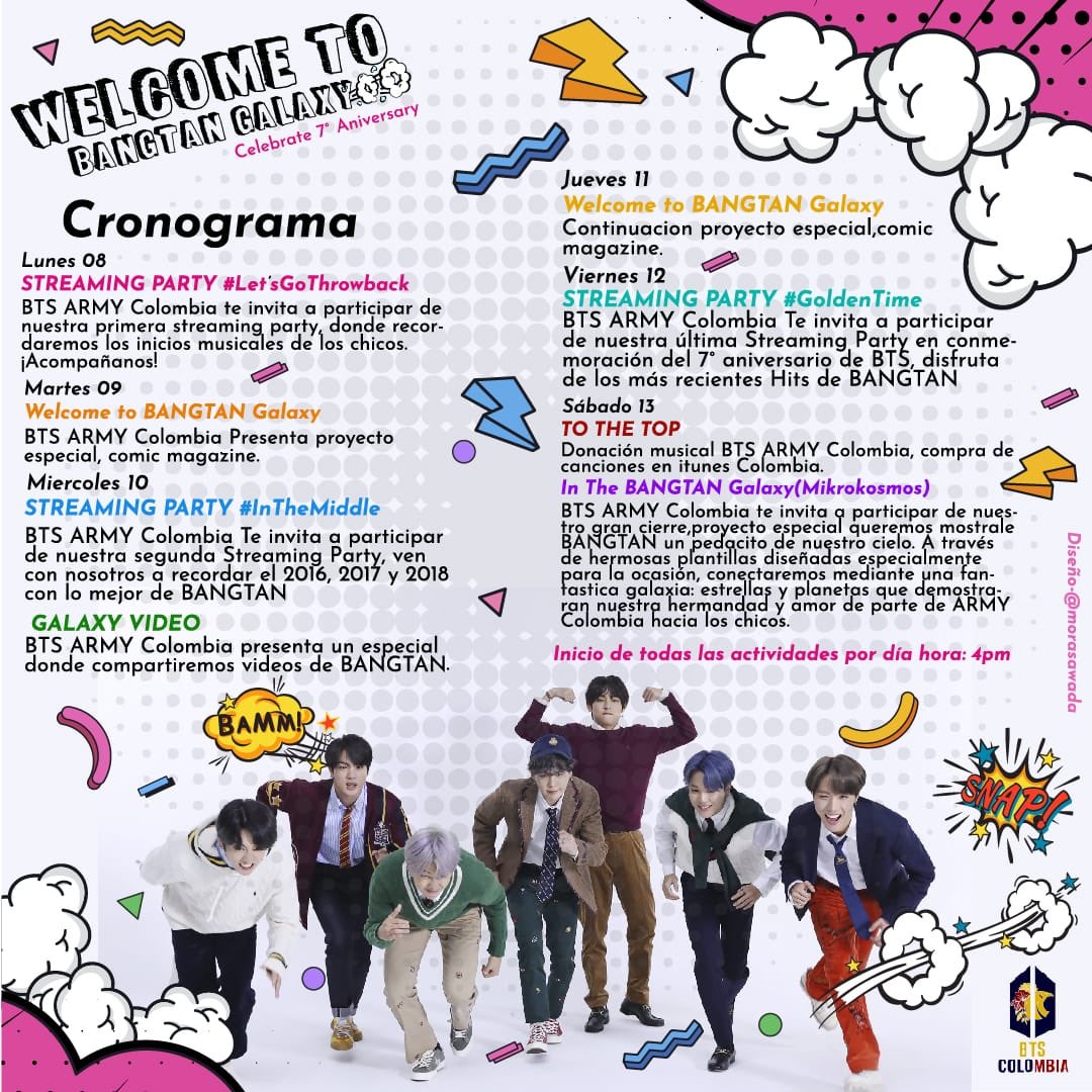 BTS_Colombia's tweet photo. ✨WELCOME TO BANGTAN GALAXY✨

ARMY Colombia, están cordialmente invitados a participar de esta maravillosa semana planeada para celebrar el aniversario de nuestros 7 ángeles.

Todos los días estaremos liberando diferentes actividades, 
¿TE LO VAS A PERDER? 👀✨

@BTS_twt https://t.co/z9Uaqhj9wG