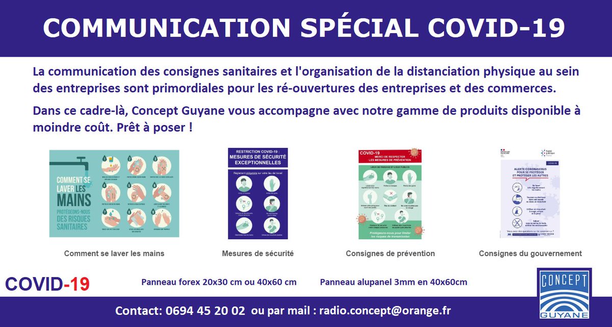 conceptguyane's tweet image. Signalétique de prévention contre le Coronavirus.
Mail: radio.concept@orange.fr / 0694 45 20 02