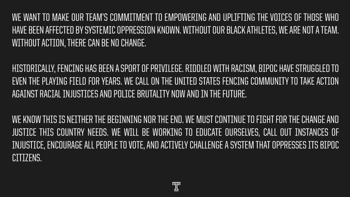 TempleFencing's tweet photo. A letter from the Temple University Fencing Team… https://t.co/RxkBmn5v78