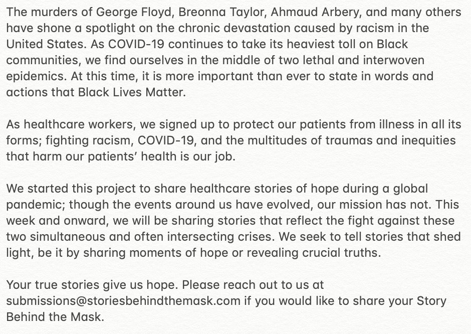MaskStories's tweet photo. Black Lives Matter. Today and every day.

Your true stories give us hope. Please reach out to us at submissions@storiesbehindthemask.com if you would like to share your Story Behind the Mask. https://t.co/LXkKoMPoXn