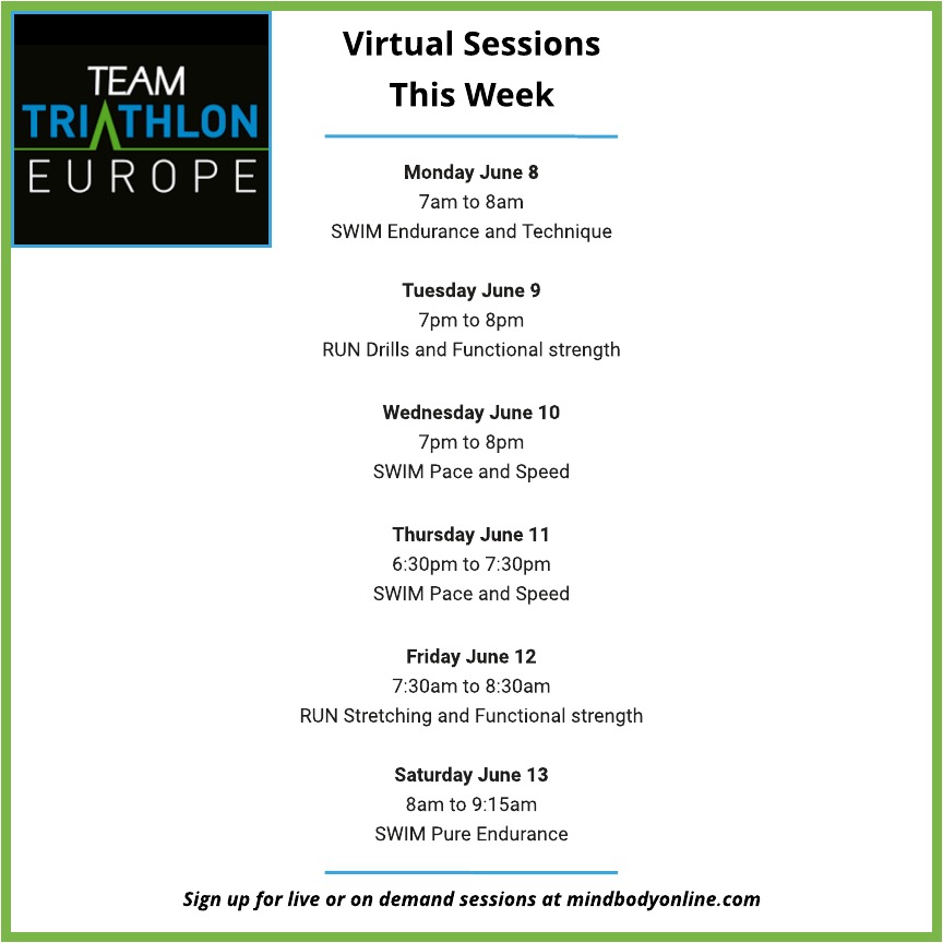 Zooming into week 12 of lockdown. Here is the week's timetable - will you be joining us for virtual swimming, run strength and flexibility sessions? Sign up on Mind Body now!