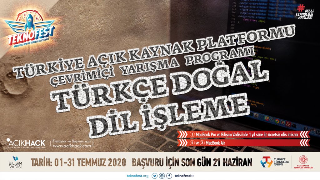 #Teknofest yarışmaları arasına eklenen “Türkçe Doğal Dil İşleme” yarışmasına başvurular başladı. <a href="/tracikkaynak/">Türkiye Açık Kaynak Platformu</a> ve <a href="/BilisimVadisiTR/">Bilişim Vadisi</a> ortaklığında çevrimiçi düzenlenecek yarışma yaklaşık 1 ay sürecek. Detaylar ve başvuru: teknofest.org