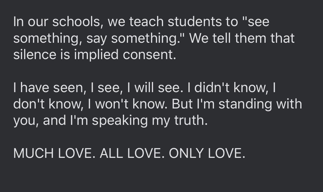 Long story short (long story is in the pics): 
I have seen, I see, I will see. I didn't know, I don't know, I won't know. But I'm standing with you, and I'm speaking my truth.

MUCH LOVE. ALL LOVE. ONLY LOVE.