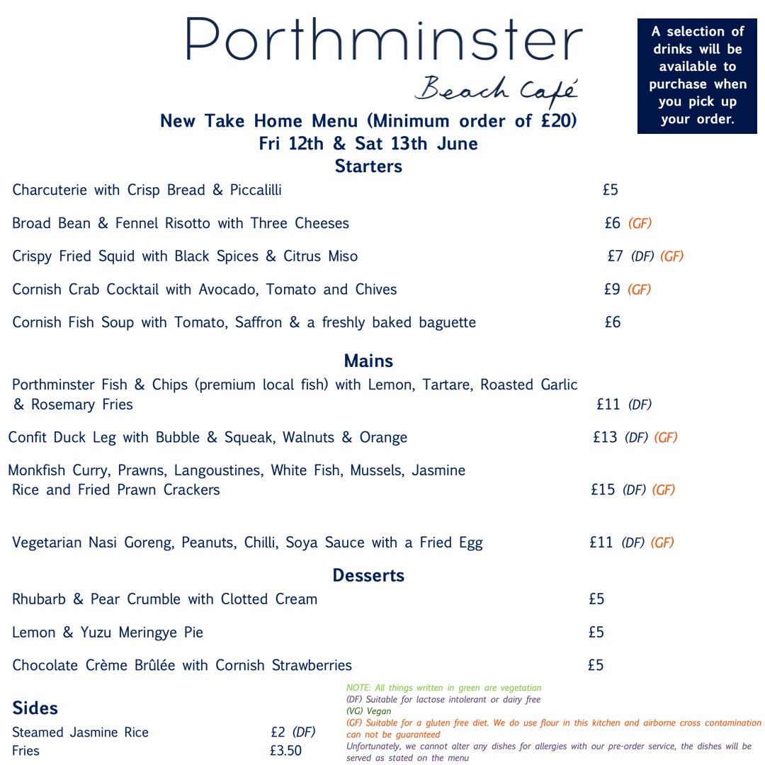 Our pre order take home menu for Friday and Saturday. Email orders to kitchen@porthminstercafe.co.uk 😊