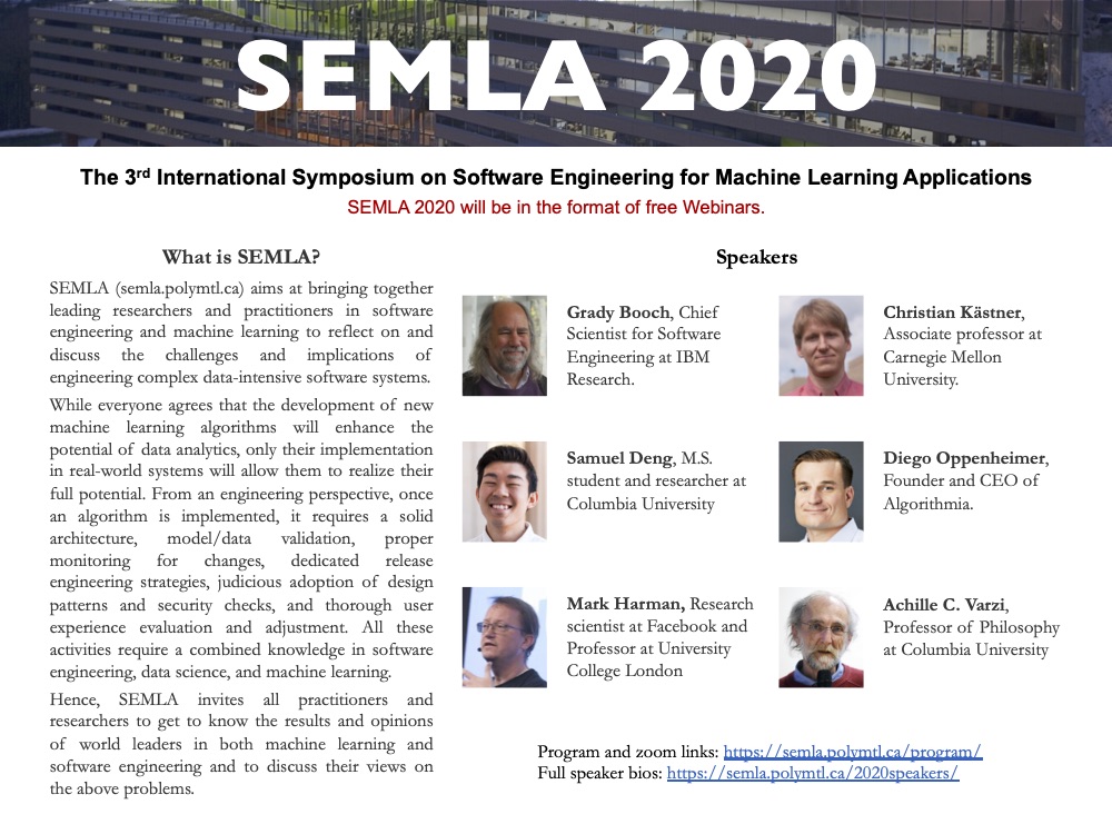 #SEMLA20 is here! It will be a series of free webinars this year, featuring <a href="/Grady_Booch/">Grady Booch</a>, <a href="/p0nk/">Christian Kästner</a>, <a href="/Mark_Harman/">Mark Harman</a>, and more. Make sure to get your place by registering (for free): semla.polymtl.ca/registrationpa…