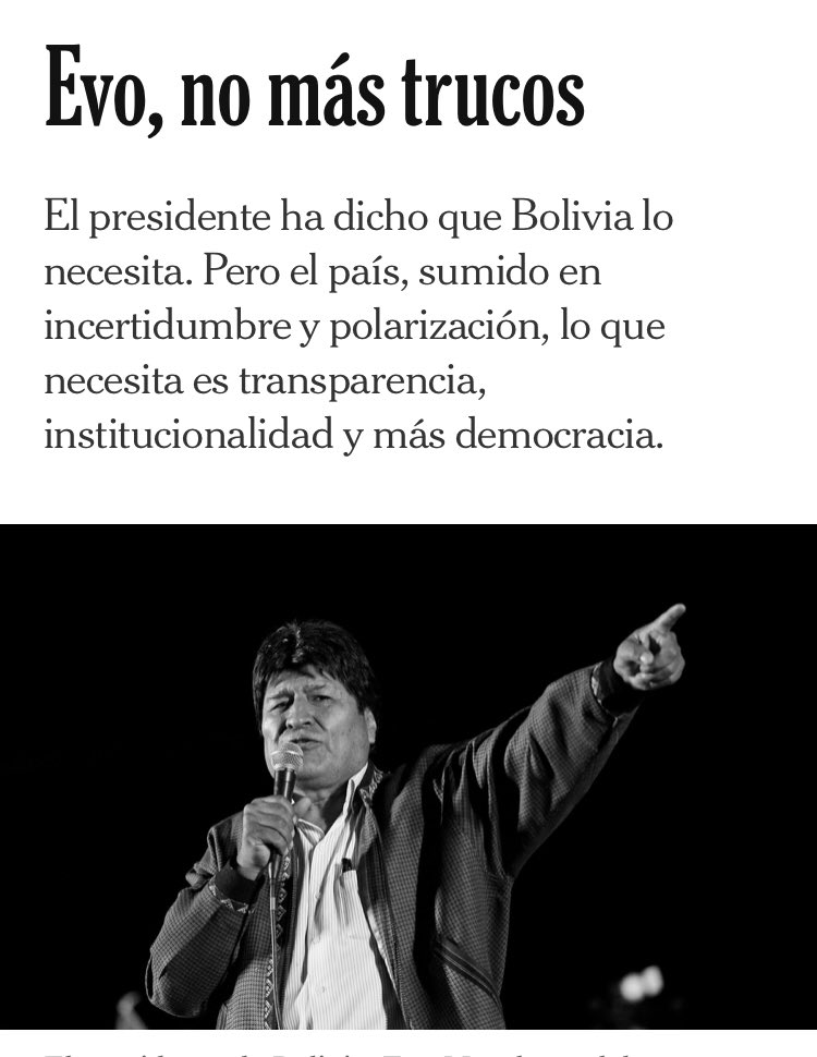 brunosgarzini's tweet photo. New York Times reconoció hoy que la OEA fabricó la tesis de “fraude” para dar un golpe a Evo Morales. Por aquellos días, el diario pedía a Evo “no más trucos” y que respetara la “alternancia de poder”. Es decir: New York Times avaló la tesis del golpe por fraude en Bolivia. https://t.co/mjZBsF5ePW