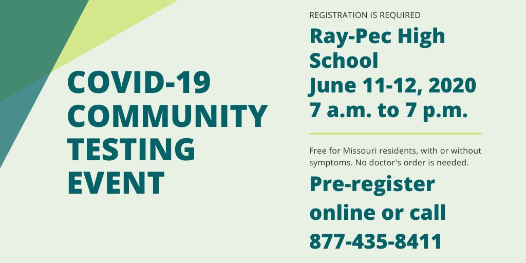 Free COVID-19 testing! 7am - 7 pm Thurs., June 11, &amp; Fri., June 12, @ Ray-Pec High School, 20801 S. School Rd. Open to Missouri residents, with or without symptoms. No doctor’s order needed. Registration is required! Sign up: health.mo.gov/communitytest or call 877-435-8411.