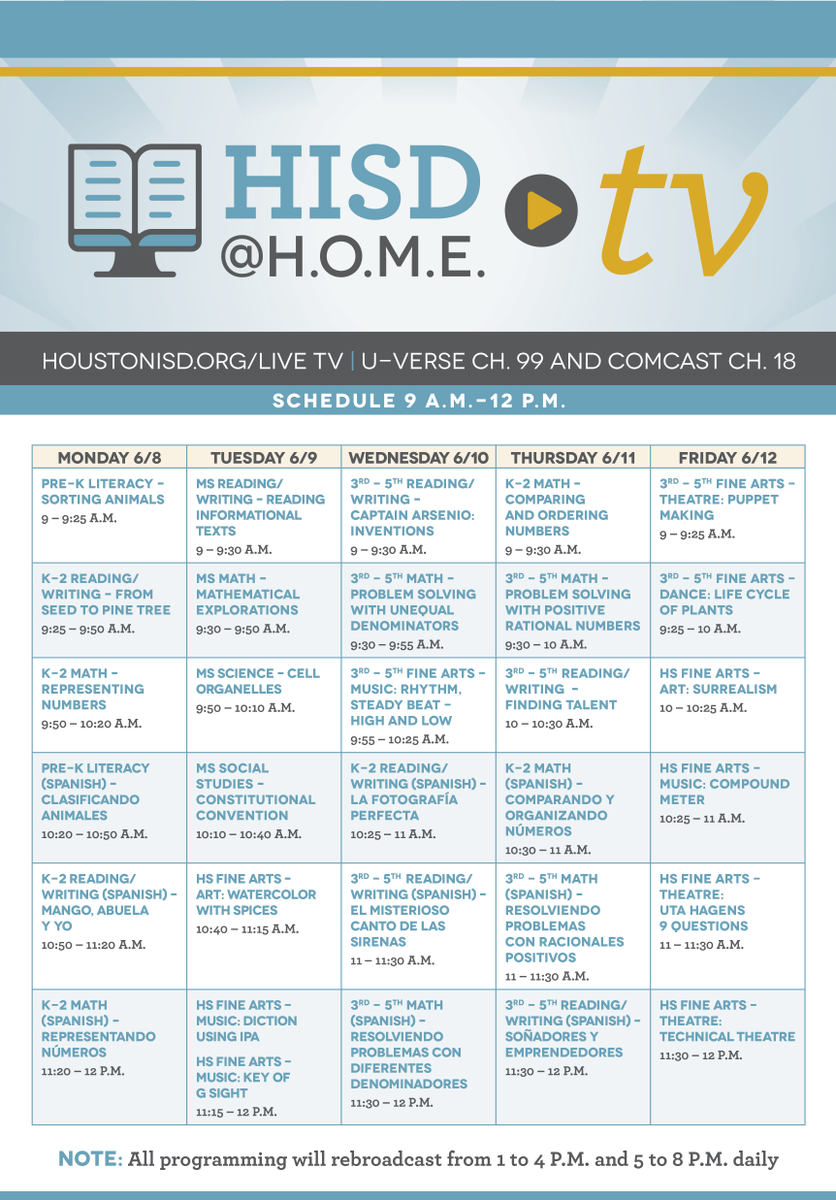 HoustonISD's tweet photo. Don't forget to tune into HISD @ HOME TV today on https://t.co/7NYbx8Eojt at 9 a.m. for amazing educational TV!

The lessons can also be viewed on U-Verse Channel 99 &amp; Comcast Channel 18.        

Check out the this week's schedule below and at https://t.co/g5gwxu1Srg https://t.co/2mXibUir1O