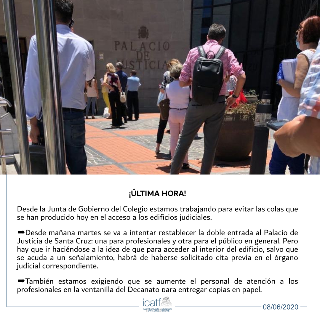 🚨¡ÚLTIMA HORA!
La Junta de Gobierno del Colegio ha estado realizando diversas gestiones durante el día de hoy, para que se tomen las acciones oportunas que eviten que se vuelvan a producir las colas de esta mañana en el acceso a los edificios judiciales.