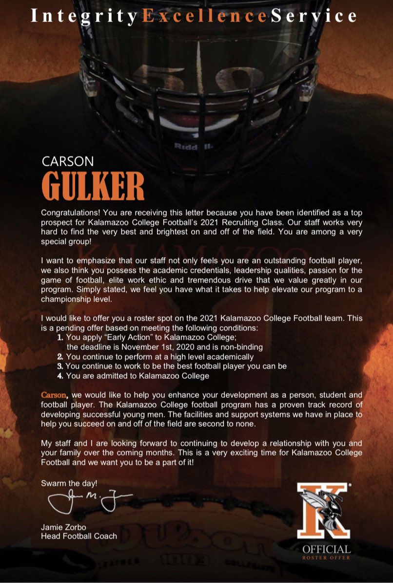 CarsonGulker27's tweet image. After a great conversation with @CoachRiceKZoo I am excited to say I have received an offer to continue my football career at the next level. Thank you for the opportunity!