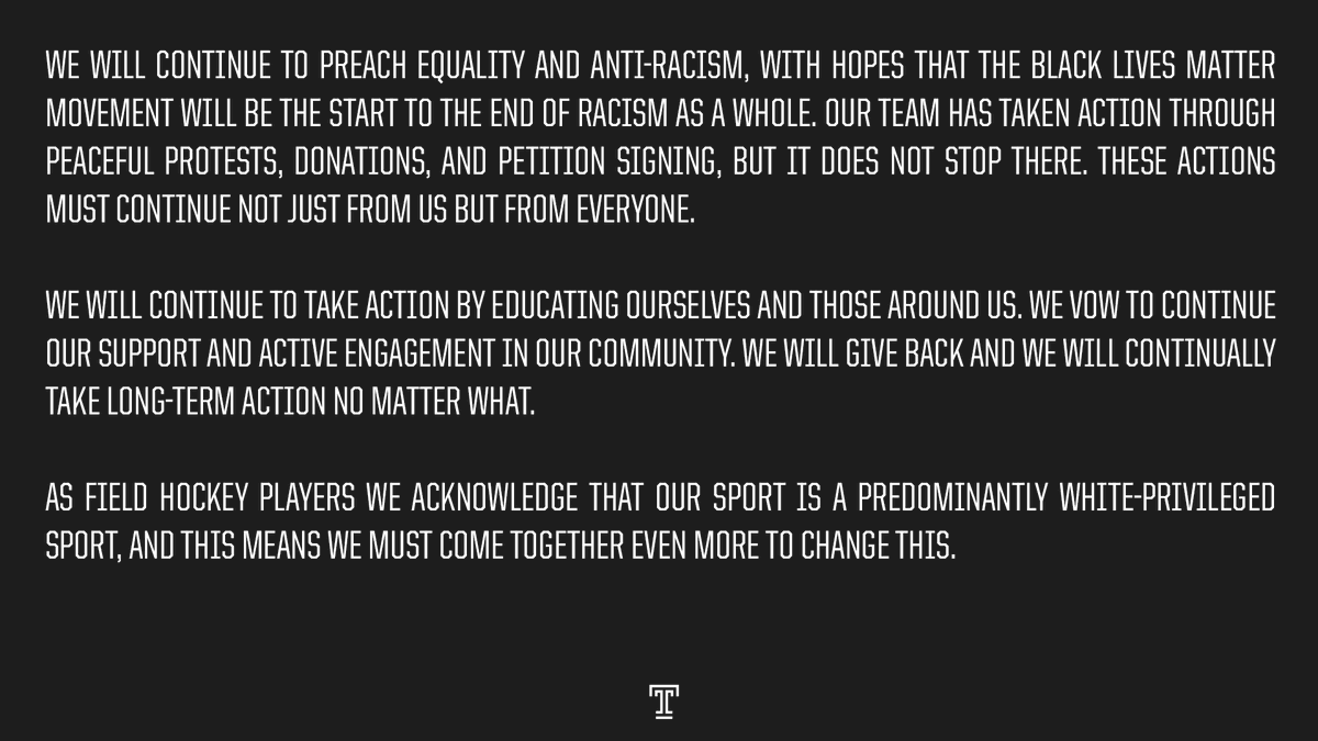 TempleFH's tweet photo. From the Temple field hockey student-athletes: https://t.co/tudpSu1t2s