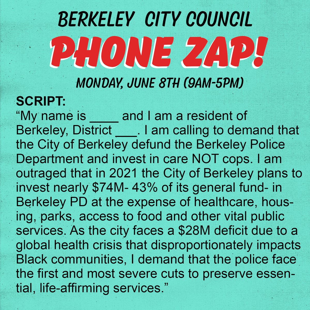 DefundBPD's tweet photo. [Action Alert] TODAY Call on your Berkeley reps before tomorrow's city council meeting and urge them to follow the lead of Minneapolis City Council and defund the police! Care not cops.  Berkeley is no exception. 

#disbandberkeleypd #defundberkeleypd #DefundThePolice https://t.co/z9OZaX01zq