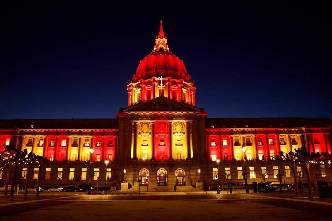 Tonight, the following San Francisco buildings will be lit crimson and gold in honor of George Floyd:

- City Hall
- Coit Tower
- <a href="/SFConservatory/">SFConservatory</a>
- <a href="/flySFO/">San Francisco International Airport (SFO) ✈️</a> 

Crimson and gold are the colors of George Floyd’s high school alma mater, Yates High School in Houston, TX.