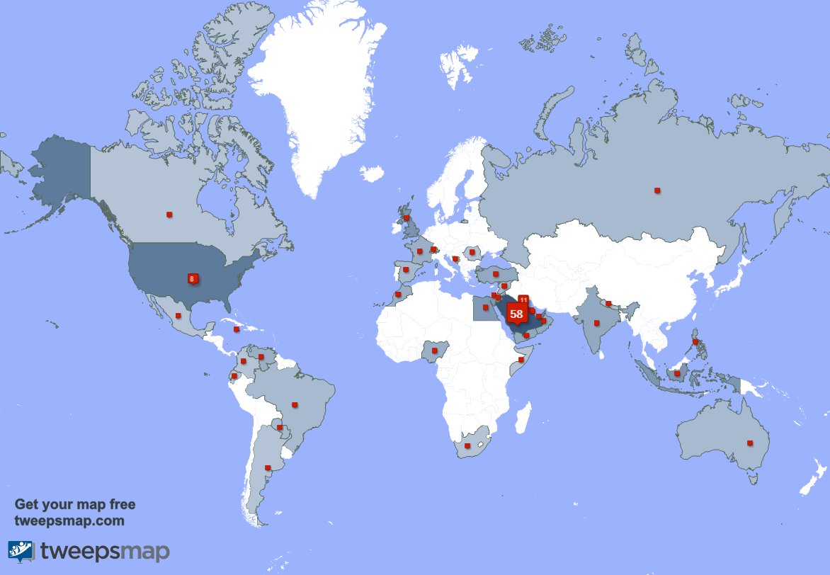 حسب tweepsmap.com/!saudi4everr حوالي59% من متابعيني يعيشون في السعوديه والكويت(11%),الولايات المتحده(8%)