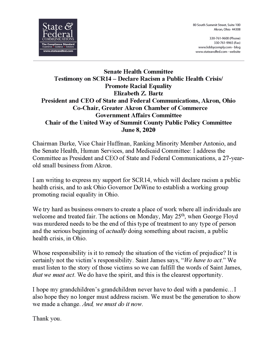 StateandFederal's tweet photo. Testimony from @StateandFederal President and CEO @ElizabethBartz regarding #SCR14. https://t.co/Bfbs0Jw6KB