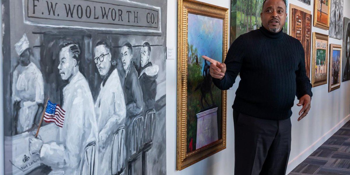 ODU's tweet photo. As part of the @oduarts Summer Series, join Ted Ellis, artist and cultural historian, for a live virtual tour of the 400th Commemoration Art Exhibit on June 19 from 4 - 5 p.m. EST  in observance of Juneteenth.  RSVP: https://t.co/sujPA00SZJ #ODU @ODUArtsLetters #ODU https://t.co/xJ4BkPmgbS