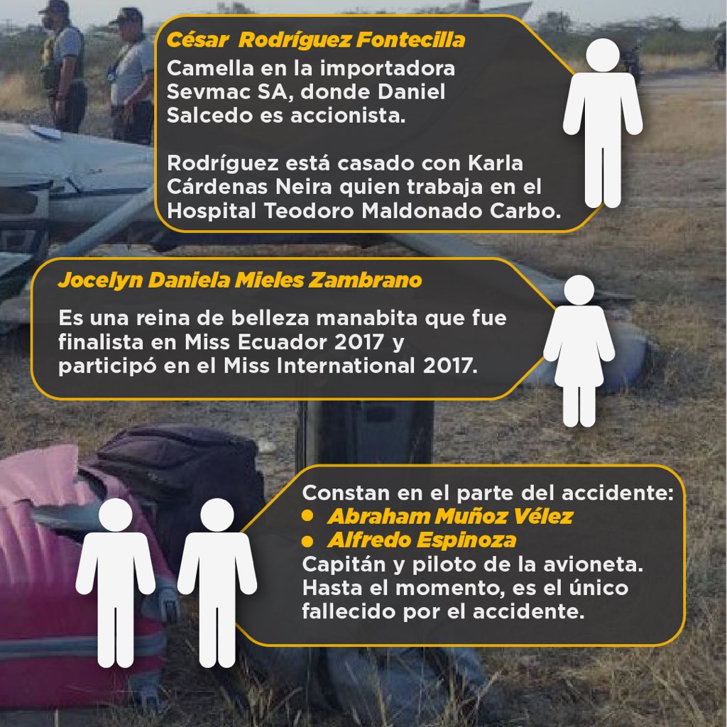 LaPosta_Ecu's tweet photo. #DanielSalcedo, Jocelyn Mieles, Abraham Muñoz, Alfredo Espinoza y #CésarRodríguez estaban en la avioneta que se accidentó en #Tumbes, Perú. Rodríguez es esposo de Karla Cárdenas quien camella en el Hospital Teodoro Maldonado. https://t.co/TTeIr7AAsT