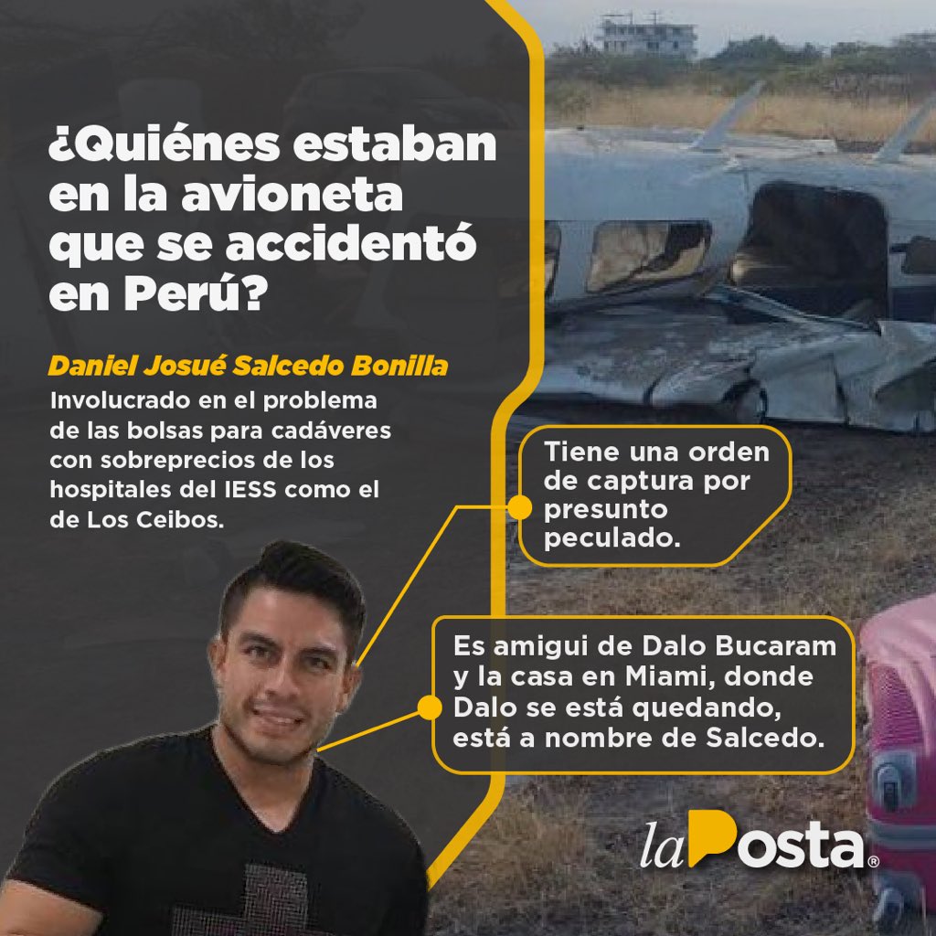 LaPosta_Ecu's tweet photo. #DanielSalcedo, Jocelyn Mieles, Abraham Muñoz, Alfredo Espinoza y #CésarRodríguez estaban en la avioneta que se accidentó en #Tumbes, Perú. Rodríguez es esposo de Karla Cárdenas quien camella en el Hospital Teodoro Maldonado. https://t.co/TTeIr7AAsT