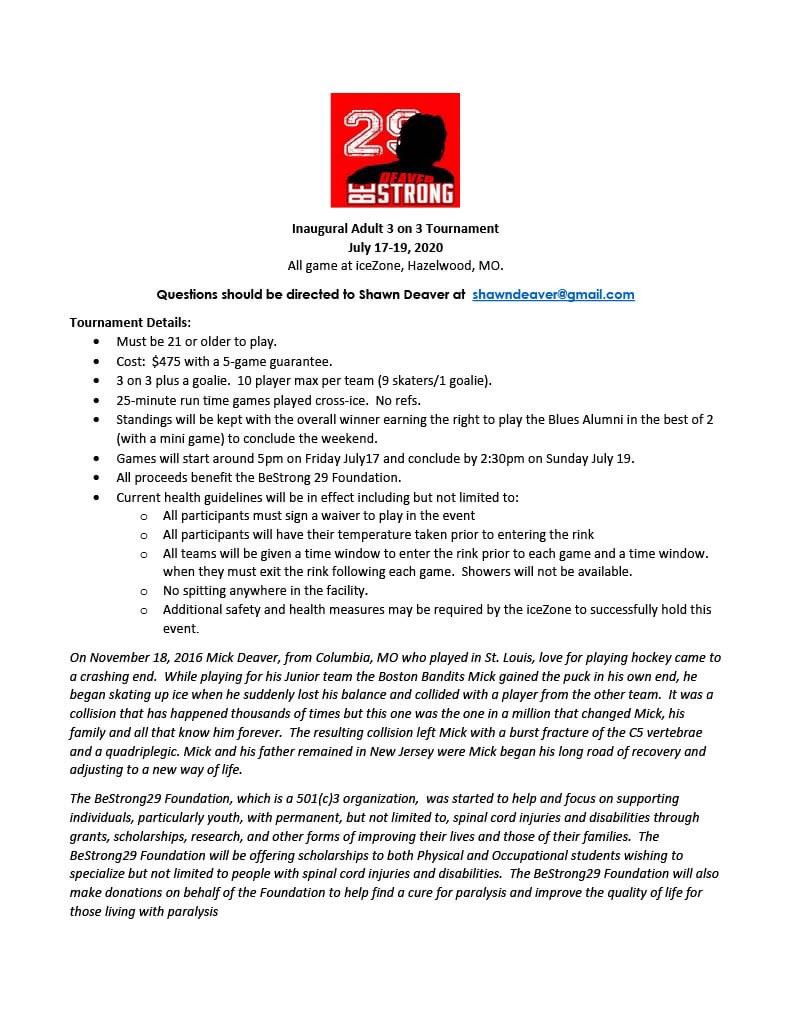 MickDeaver's tweet photo. Super excited to announce the first ever BeStrong29 3v3 hockey tournament July 17-19!!! https://t.co/90lBnrKZIC