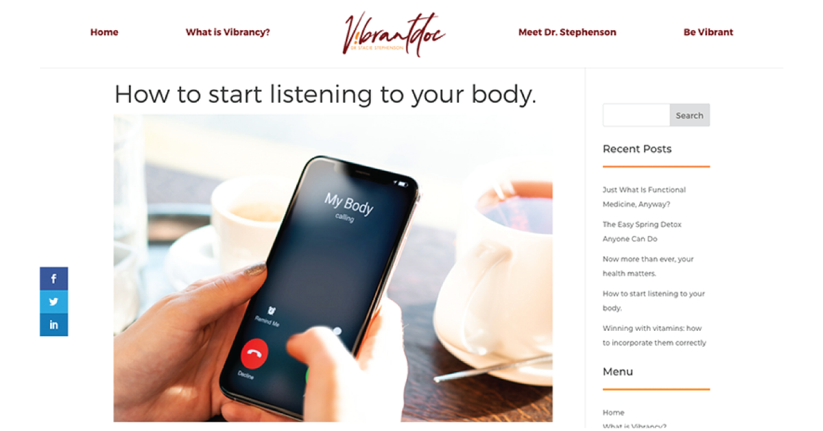 VibrantDoc's tweet photo. New blog post: How to start listening to your body. It’s a loud loud world, but somewhere inside you is a still small voice guiding you…or trying to. Continue reading here: https://t.co/NpVMiuzLw1 https://t.co/YWUZxJFKHP