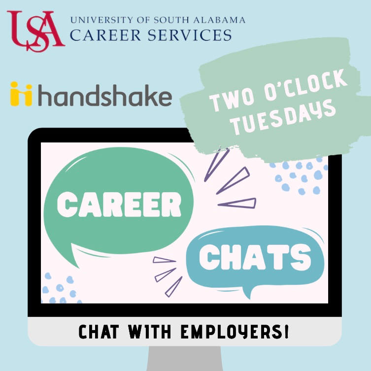 USABaldwin's tweet photo. USA Career Services presents, Career Chats - Two O'Clock Tuesdays!

This LIVE Zoom series features organizations such as Airbus, Peace Corps, AM/NS, Fastenal, US Army, &amp; many more. https://t.co/WIGO5fbo5V https://t.co/Gs2mA36CDK