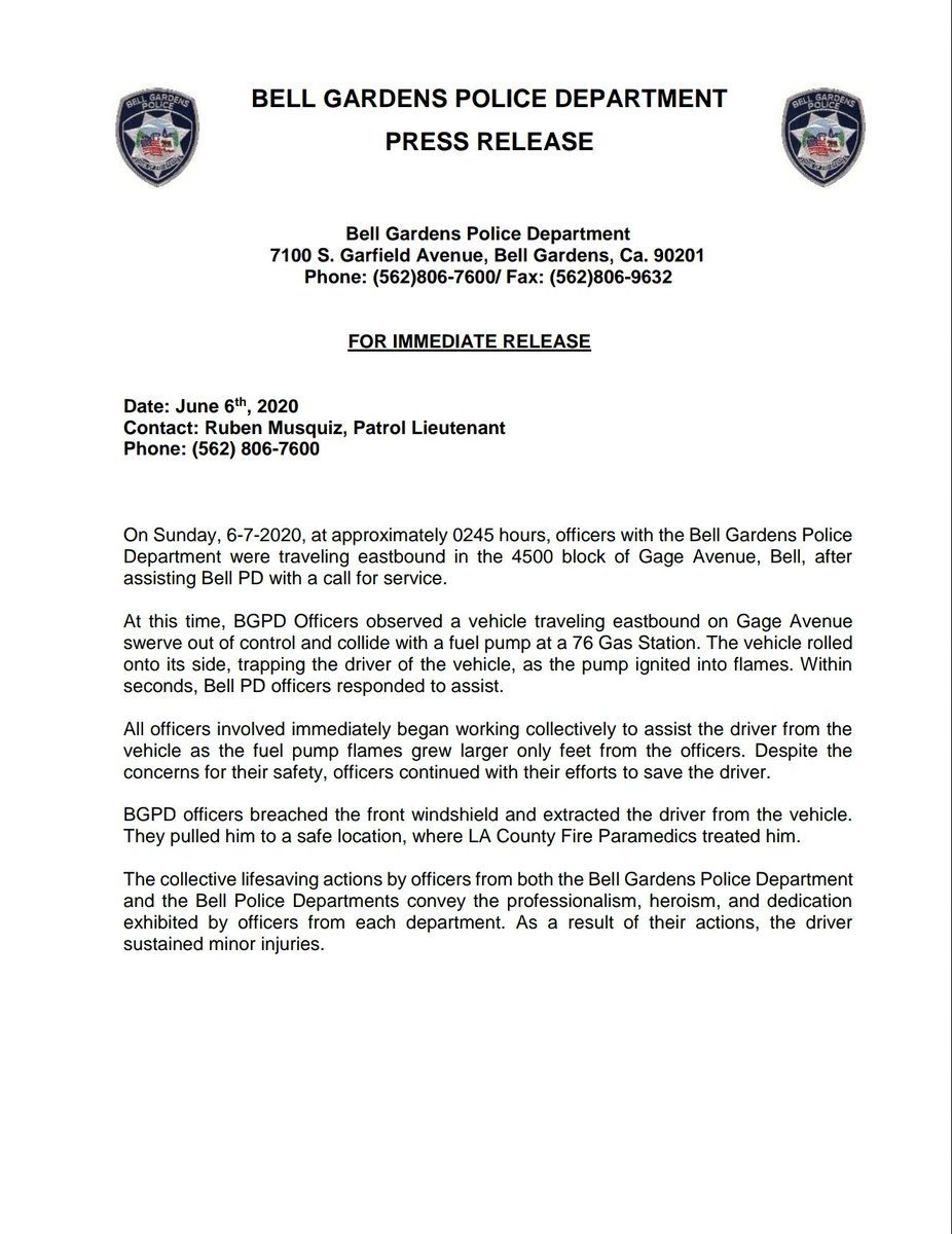 BellGardens_PD's tweet photo. Press Release: Officers Spring Into Action To Save Trapped Driver After Crashing Into Fuel Pumps In Neighboring City. #BGPD #BellPD #policeofficers #trafficcollisilon #officerssavetrappeddriver
📸 : @bellpolice https://t.co/cEkplkrwJR