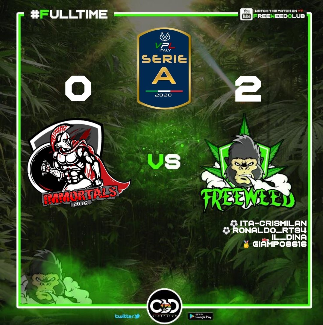 FreeWeedProClub's tweet photo. Final Scores:
🏆 @VPG_Italy, Serie C
🆚 @VersiliaE
⚽ @Ronaldorosari16
⚽ @bebbo_1900
👟 @samu___23
👟 @Sh0k3r9
🏅 @Sh0k3r9

🏆 @VPLItaly, eSerie A
🆚 @ImmortalProClub 
⚽ @ITA_crismilan
⚽ @Ronaldorosari16 
👟 @il_Dina_
🏅 @Giampo86 https://t.co/H5EQUhZCRC