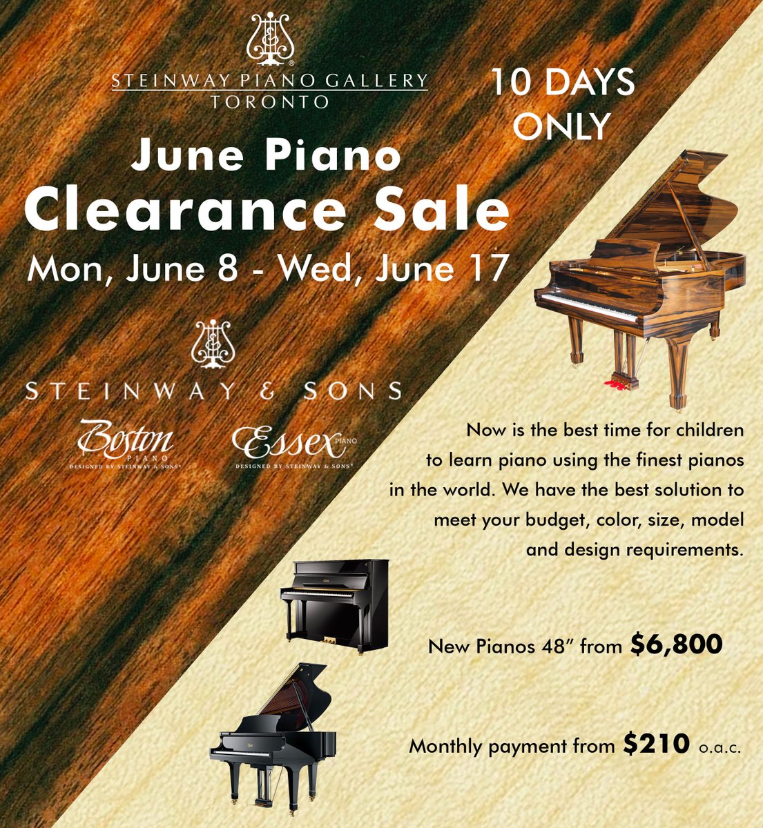 We are excited to announce our June Piano Clearance Sale. Now is the time for you and your family to play on a quality acoustic or upright piano. We have the best solutions to meet your budget and design requirements, whatever they are.
LEARN MORE: ow.ly/X44k50A2fa5